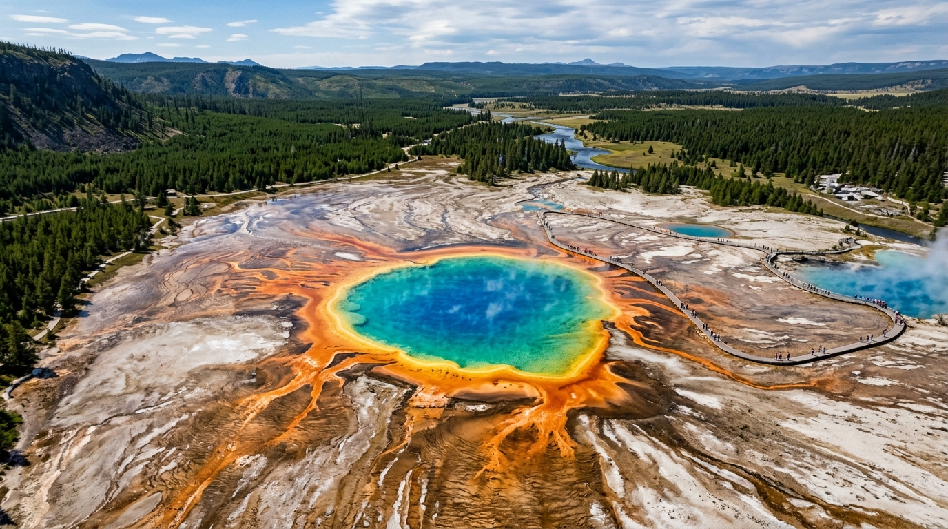 Aerial view of the Grand Prismatic Spring in Yellowstone with vibrant rainbow colors contrasting against the surrounding landscape