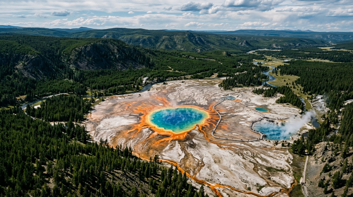 Aerial view of a vibrantly colored geyser in Yellowstone National Park surrounded by rugged terrain.