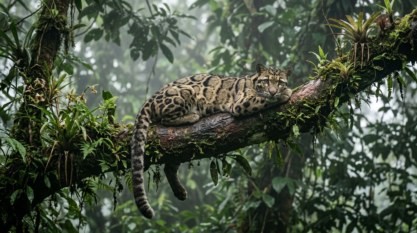 A clouded leopard resting on a thick branch deep within a lush, mist-filled rainforest canopy.