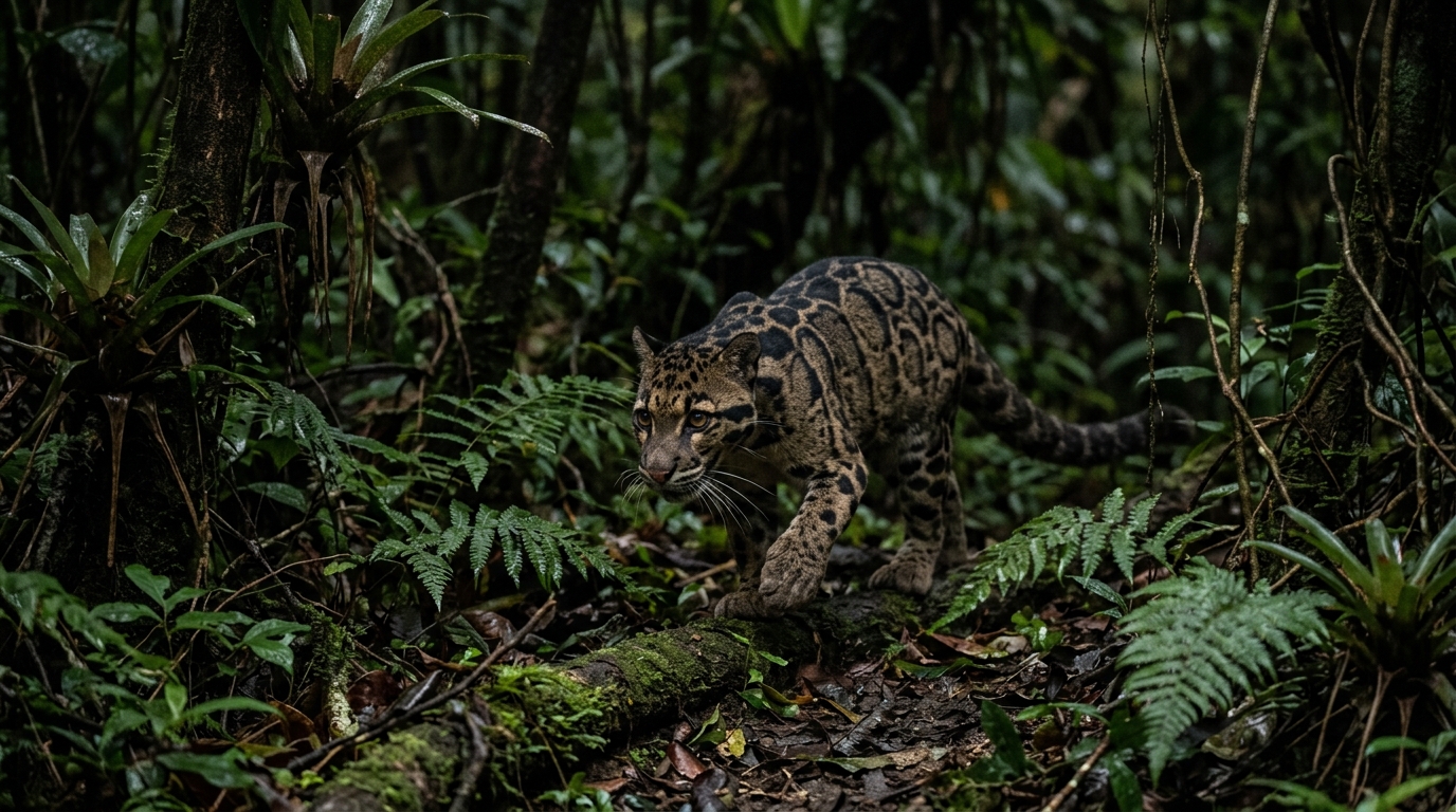 A clouded leopard silently stalking its prey through dense jungle foliage at twilight