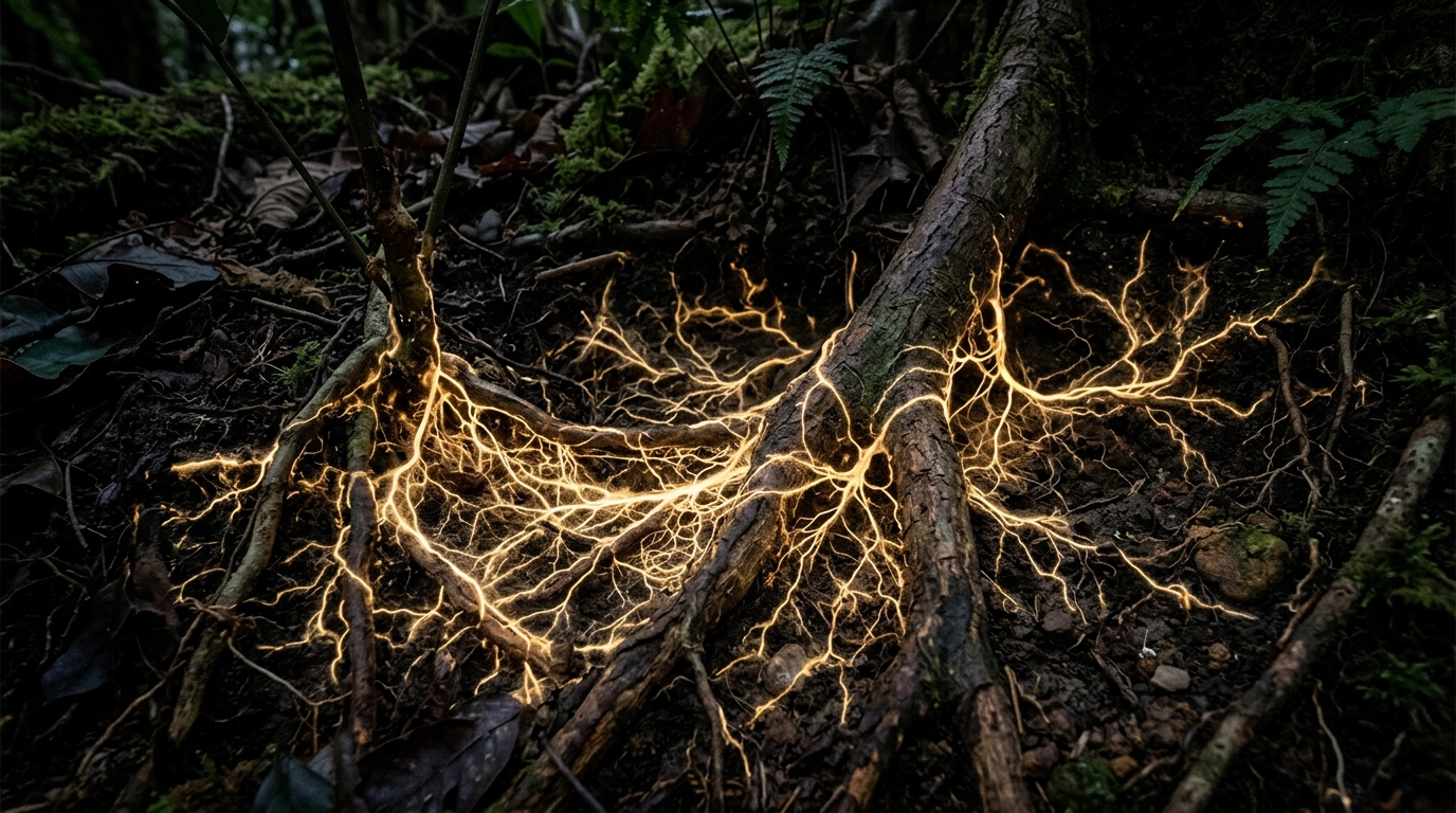 Glowing underground fungal networks connecting plant roots in a dark forest soil