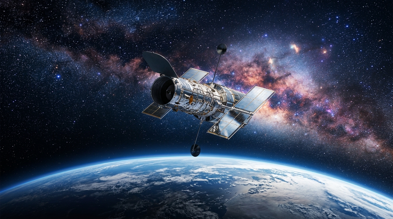 Hubble Space Telescope orbiting Earth against the backdrop of deep space