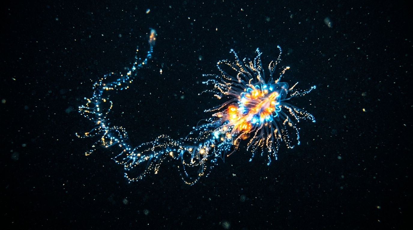 A bioluminescent creature swimming in the pitch-black abyss of the Hadal Zone