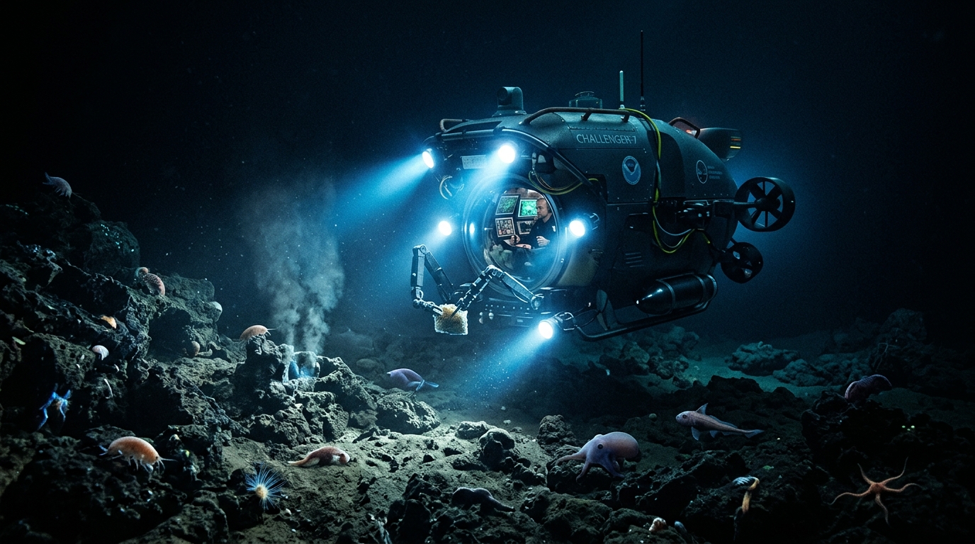 A futuristic deep-sea submersible illuminating the dark ocean floor in the Mariana Trench